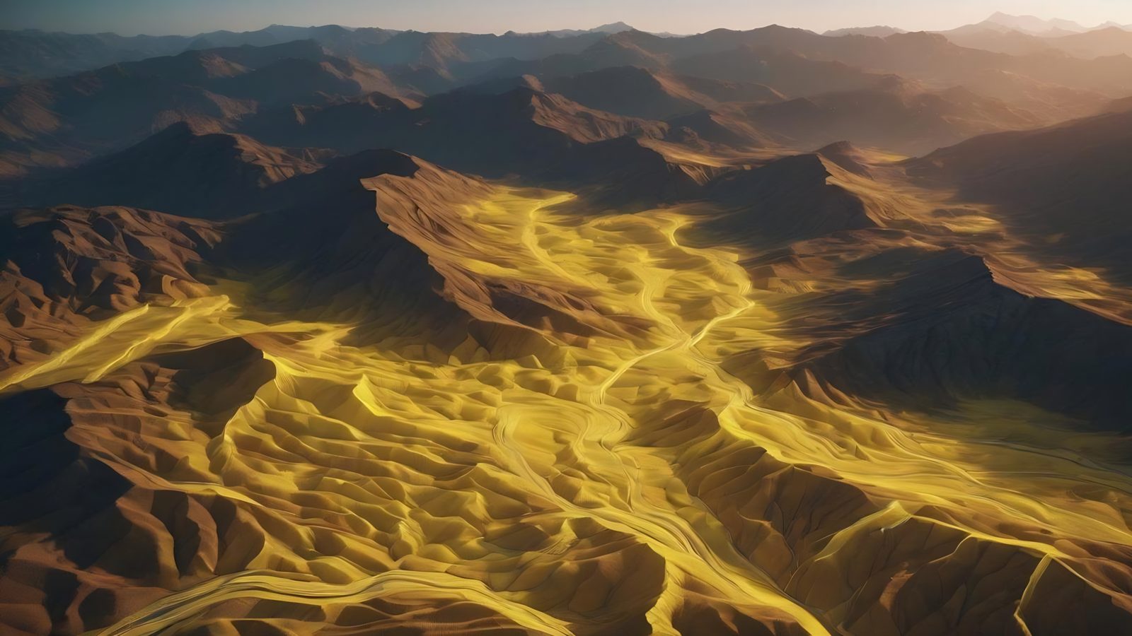 Golden topographic lines across stripped terrain